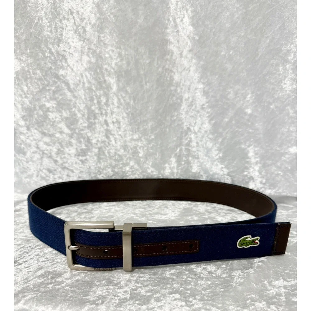 Lacoste Mens Reversible Belt Navy  Canvas Brown Leather Silver Buckle Logo Sz 32
